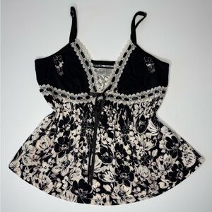 Studio Donatella Floral Babydoll Cami Top Black White Lace Trim S